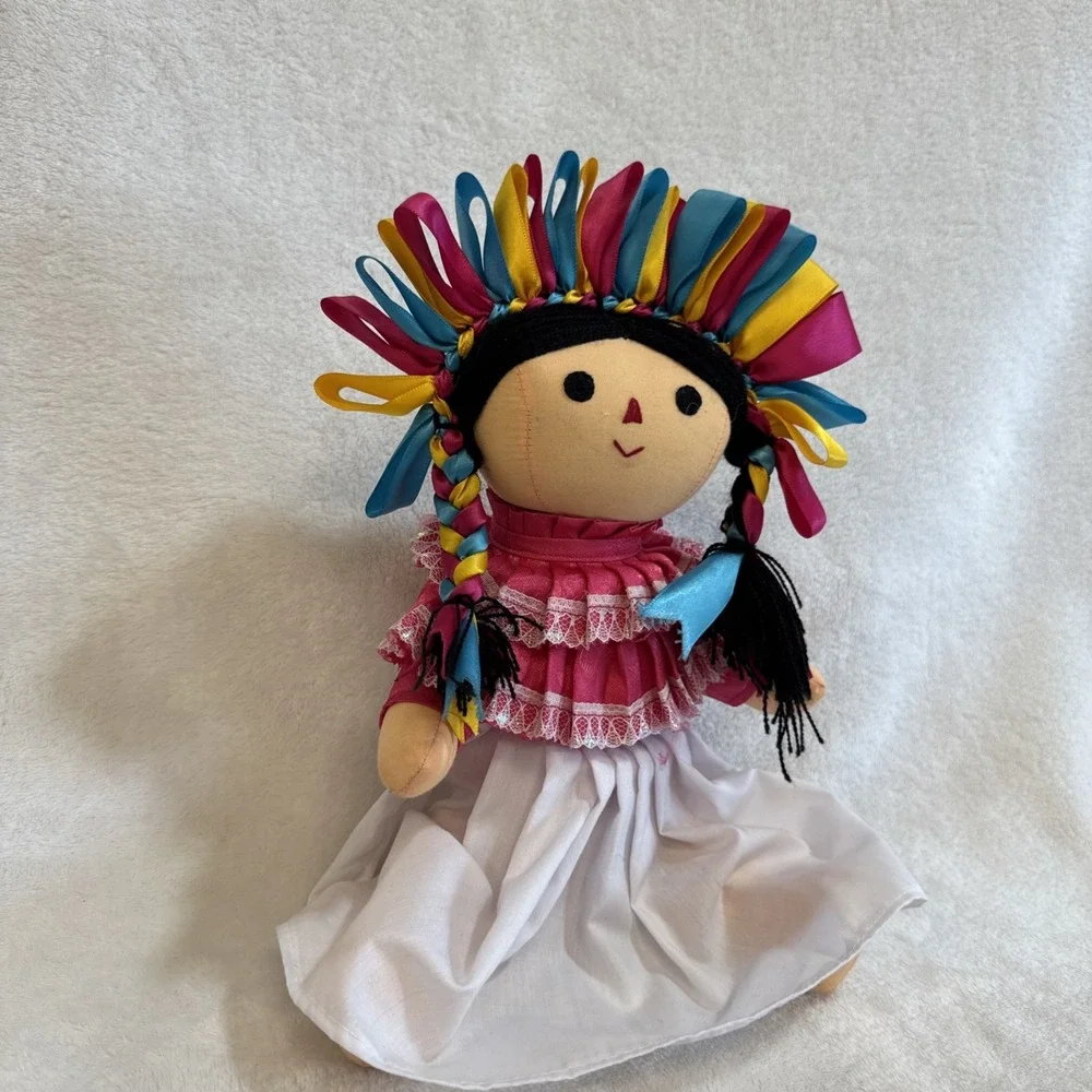 Handmade Folk Art Doll Mexican Inspired Textile Doll Colorful Ribbon‎ Hair Dress